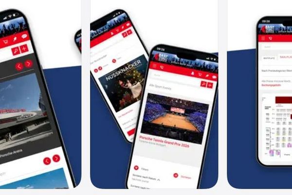 App-Store-Ansicht mit mehreren Smartphones nebeneinander, auf jedem eine andere Ansicht der App.