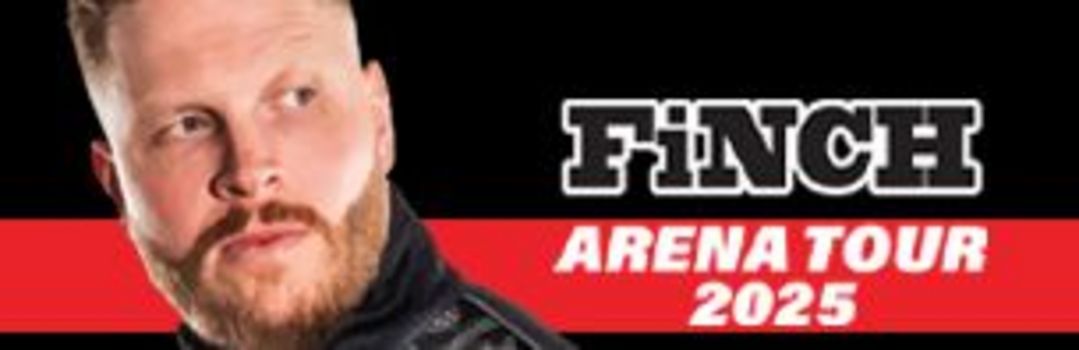Kopf von Finch auf der linken Seite - er schaut nach rechts auf den Schriftzug "Finch Arena Tour 2025"
