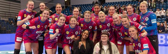 [Translate to Englisch:] Mannschaftsfoto der Deutschen Handball Nationalmannschaft der Frauen mit den beiden Musikerinnen Bria und Lucille